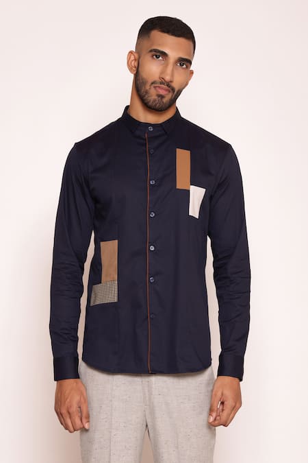 Lacquer Embassy Navy Rayon Textured Color Blocked Collared Shirt Online at Aza Fashions Lacquer Embassy_Navy Rayon Textured Color Blocked Collared Shirt _Online_at_Aza_Fashions