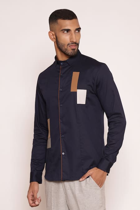 Buy Lacquer Embassy Navy Rayon Textured Color Blocked Collared Shirt Online at Aza Fashions Buy_Lacquer Embassy_Navy Rayon Textured Color Blocked Collared Shirt _Online_at_Aza_Fashions