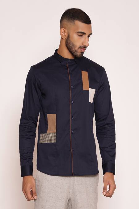 Shop Lacquer Embassy Navy Rayon Textured Color Blocked Collared Shirt Online at Aza Fashions Shop_Lacquer Embassy_Navy Rayon Textured Color Blocked Collared Shirt _Online_at_Aza_Fashions