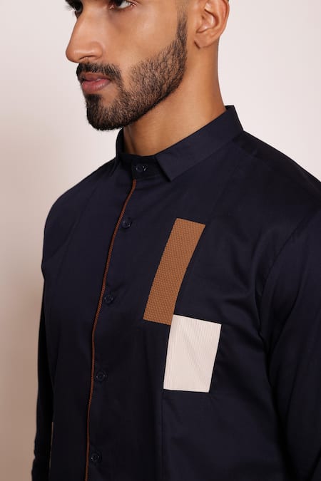 Lacquer Embassy Navy Rayon Textured Color Blocked Collared Shirt at Aza Fashions Lacquer Embassy_Navy Rayon Textured Color Blocked Collared Shirt _at_Aza_Fashions