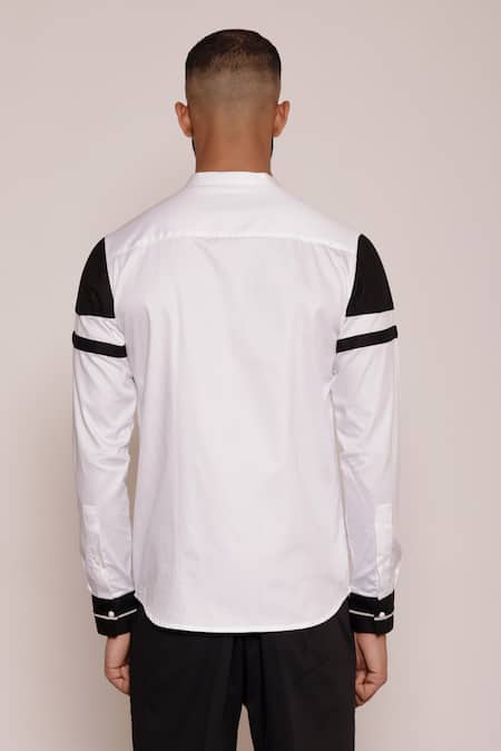 Shop Lacquer Embassy White Cotton Satin Color Block Sleeve Band Collar Shirt at Aza Fashions Shop_Lacquer Embassy_White Cotton Satin Color Block Sleeve Band Collar Shirt _at_Aza_Fashions