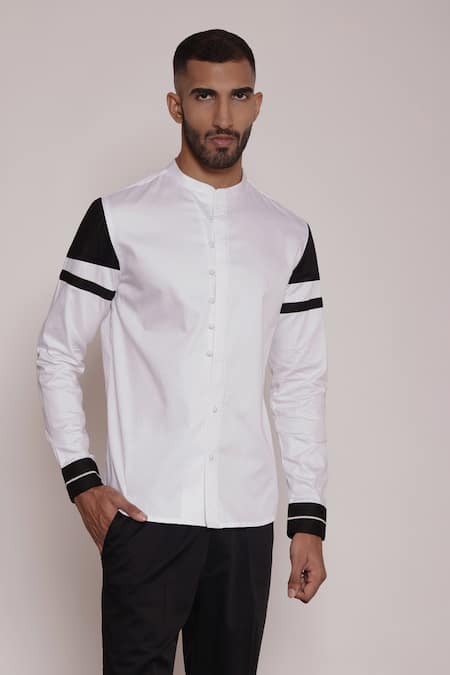 Lacquer Embassy White Cotton Satin Color Block Sleeve Band Collar Shirt Online at Aza Fashions Lacquer Embassy_White Cotton Satin Color Block Sleeve Band Collar Shirt _Online_at_Aza_Fashions