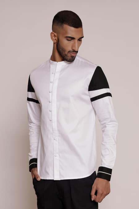 Buy Lacquer Embassy White Cotton Satin Color Block Sleeve Band Collar Shirt Online at Aza Fashions Buy_Lacquer Embassy_White Cotton Satin Color Block Sleeve Band Collar Shirt _Online_at_Aza_Fashions