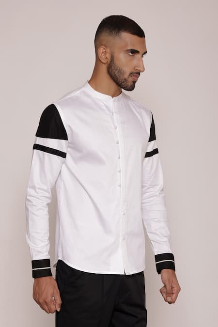 Shop Lacquer Embassy White Cotton Satin Color Block Sleeve Band Collar Shirt Online at Aza Fashions Shop_Lacquer Embassy_White Cotton Satin Color Block Sleeve Band Collar Shirt _Online_at_Aza_Fashions
