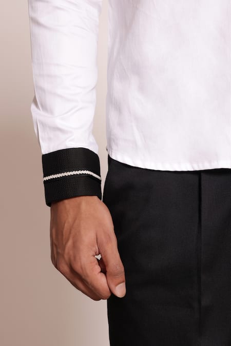 Lacquer Embassy White Cotton Satin Color Block Sleeve Band Collar Shirt at Aza Fashions Lacquer Embassy_White Cotton Satin Color Block Sleeve Band Collar Shirt _at_Aza_Fashions