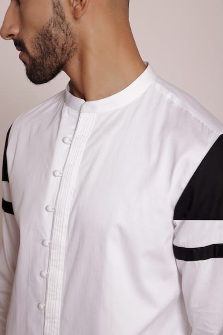 Buy Lacquer Embassy White Cotton Satin Color Block Sleeve Band Collar Shirt Buy_Lacquer Embassy_White Cotton Satin Color Block Sleeve Band Collar Shirt