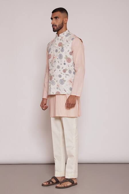 Buy Lacquer Embassy Peach Cotton Floral Print Bundi Kurta Set Buy_Lacquer Embassy_Peach Cotton Floral Print Bundi Kurta Set