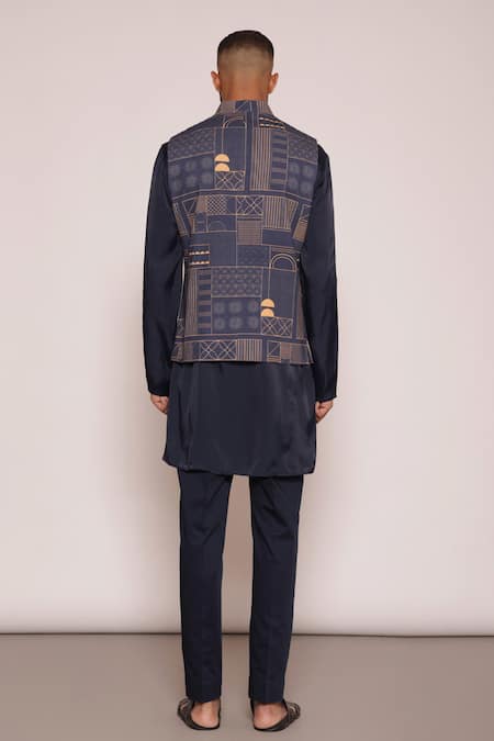 Shop Lacquer Embassy Blue Cotton Floral Geometric Bundi Kurta Set at Aza Fashions Shop_Lacquer Embassy_Blue Cotton Floral Geometric Bundi Kurta Set _at_Aza_Fashions