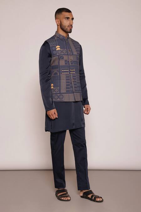 Buy Lacquer Embassy Blue Cotton Floral Geometric Bundi Kurta Set Buy_Lacquer Embassy_Blue Cotton Floral Geometric Bundi Kurta Set