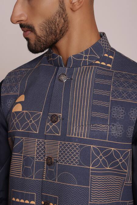 Shop Lacquer Embassy Blue Cotton Floral Geometric Bundi Kurta Set Shop_Lacquer Embassy_Blue Cotton Floral Geometric Bundi Kurta Set