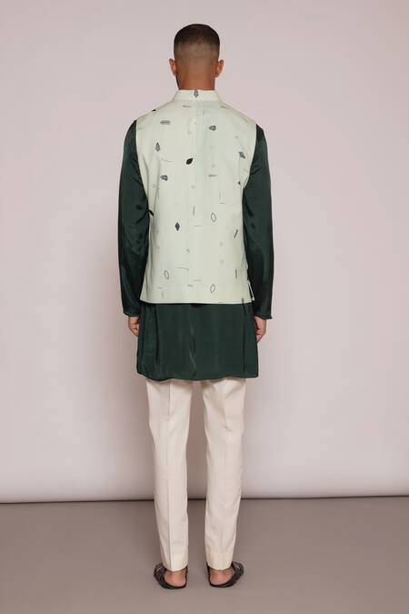 Shop Lacquer Embassy Green Cotton Embroidery Leaf Print Bundi Kurta Set at Aza Fashions Shop_Lacquer Embassy_Green Cotton Embroidery Leaf Print Bundi Kurta Set _at_Aza_Fashions