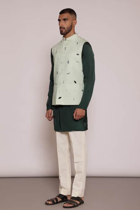 Shop Lacquer Embassy Green Cotton Embroidery Leaf Print Bundi Kurta Set Online at Aza Fashions Shop_Lacquer Embassy_Green Cotton Embroidery Leaf Print Bundi Kurta Set _Online_at_Aza_Fashions