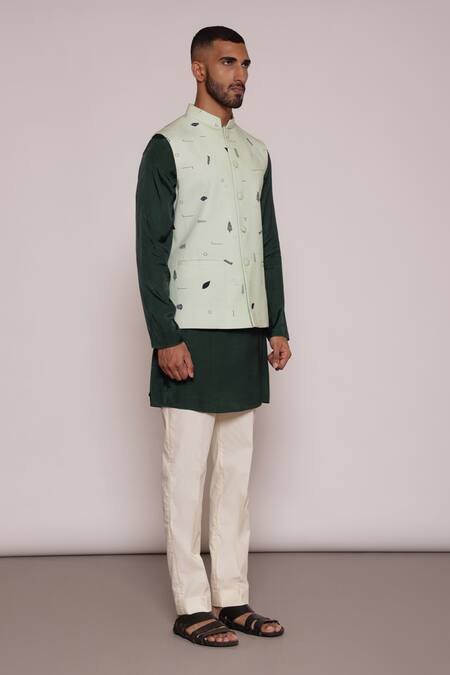 Lacquer Embassy Green Cotton Embroidery Leaf Print Bundi Kurta Set at Aza Fashions Lacquer Embassy_Green Cotton Embroidery Leaf Print Bundi Kurta Set _at_Aza_Fashions