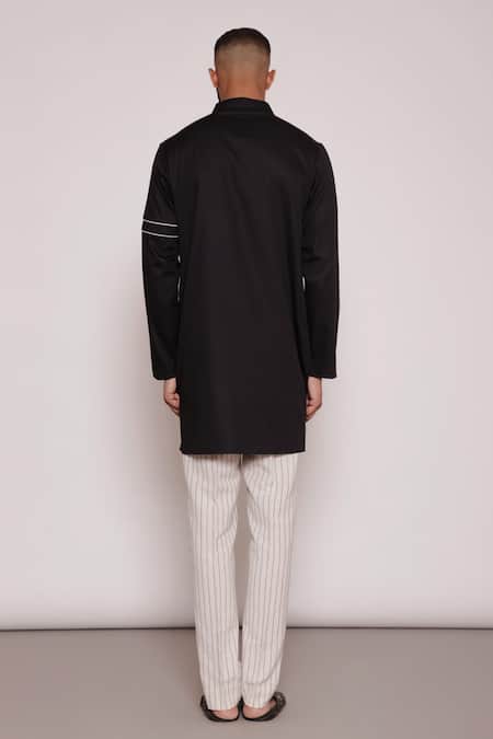 Shop_Lacquer Embassy_Black Satin, Viscose, Contrast Piping Kurta And Pant Set _at_Aza_Fashions