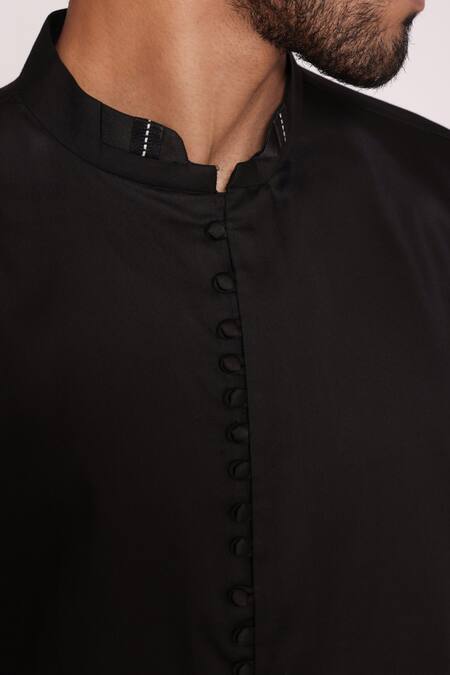 Lacquer Embassy_Black Satin, Viscose, Contrast Piping Kurta And Pant Set _Online_at_Aza_Fashions