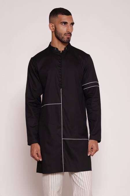 Lacquer Embassy_Black Satin, Viscose, Contrast Piping Kurta And Pant Set _at_Aza_Fashions