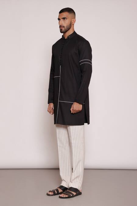 Buy_Lacquer Embassy_Black Satin, Viscose, Contrast Piping Kurta And Pant Set 