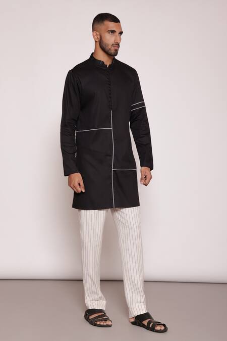 Shop_Lacquer Embassy_Black Satin, Viscose, Contrast Piping Kurta And Pant Set 