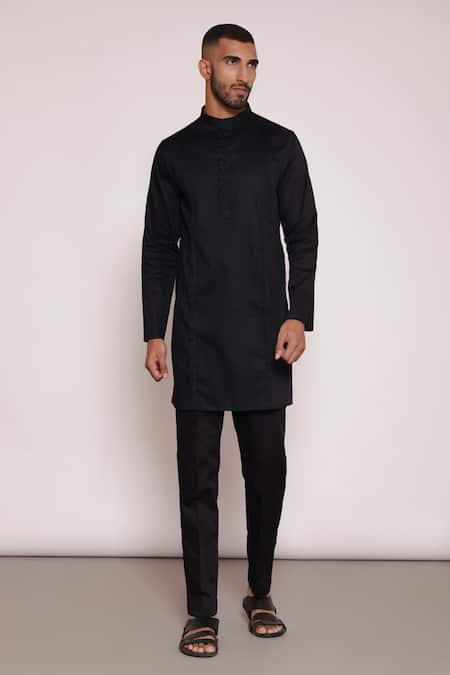 Lacquer Embassy Black Kurta Textured Cotton Space Tucked And Pant Set 