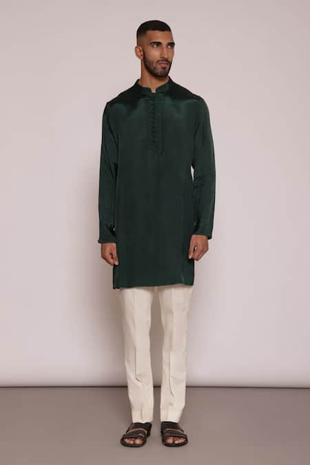 Lacquer Embassy Green Kurta Viscose Rayon Plain Loop Button And Pant Set 