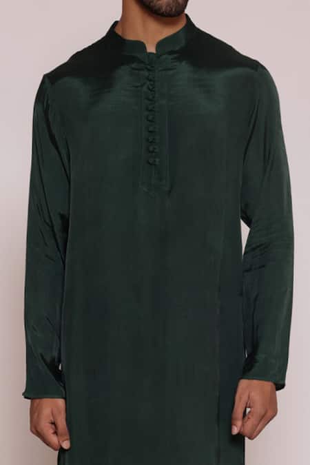 Shop Lacquer Embassy Green Viscose, Cotton Plain Loop Button Kurta And Pant Set at Aza Fashions Shop_Lacquer Embassy_Green Viscose, Cotton Plain Loop Button Kurta And Pant Set _at_Aza_Fashions