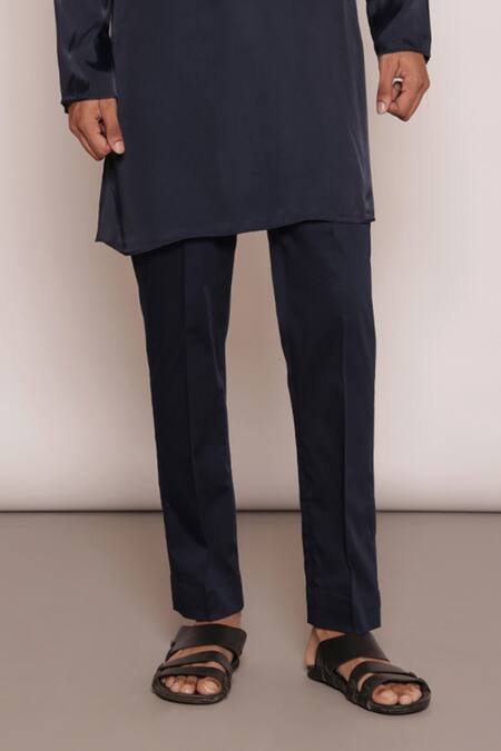 Buy_Lacquer Embassy_Blue Viscose, Satin, Cotton Plain Buttoned Placket Kurta And Pant Set _Online_at_Aza_Fashions