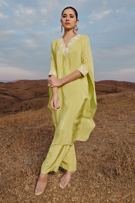 Islie By Priya Jain Sequin Neckline Embroidered Kaftan & Pant Set 