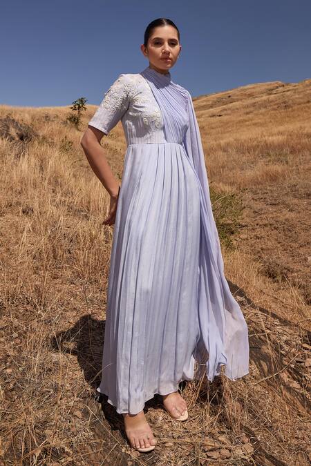 Islie By Priya Jain Blue Georgette, Crepe Embroidery Asymmetric Floral Draped Dress Online at Aza Fashions Islie By Priya Jain_Blue Georgette, Crepe Embroidery Asymmetric Floral Draped Dress _Online_at_Aza_Fashions