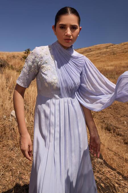 Buy Islie By Priya Jain Blue Georgette, Crepe Embroidery Asymmetric Floral Draped Dress Online at Aza Fashions Buy_Islie By Priya Jain_Blue Georgette, Crepe Embroidery Asymmetric Floral Draped Dress _Online_at_Aza_Fashions