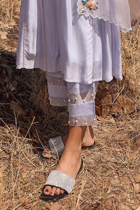 Islie By Priya Jain_Blue Organza, Silk Pearls Round Neck Panelled Embroidered Kurta Set _Online_at_Aza_Fashions