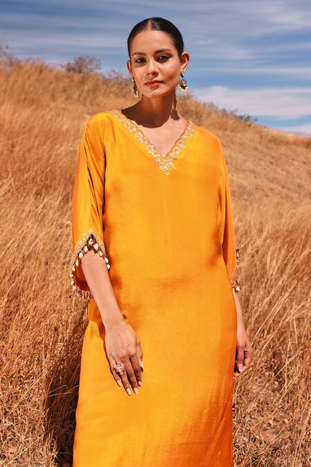 Buy_Islie By Priya Jain_Orange Crepe Zari, Sequins Scoop Neckline Embroidered Kaftan Kurta And Pant Set _Online_at_Aza_Fashions