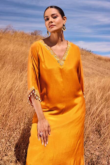 Shop_Islie By Priya Jain_Orange Crepe Zari, Sequins Scoop Neckline Embroidered Kaftan Kurta And Pant Set _Online_at_Aza_Fashions