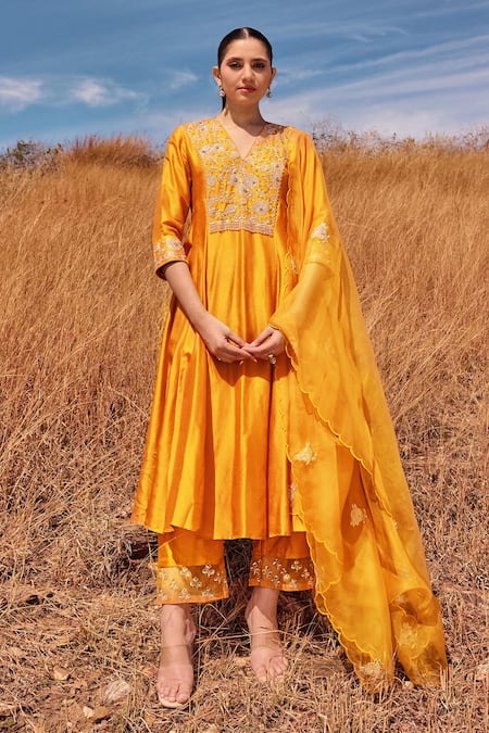 ISLIE BY PRIYA JAIN Orange Russian Silk Embroidery Sequin V Neck Floral Yoke Anarkali Set 