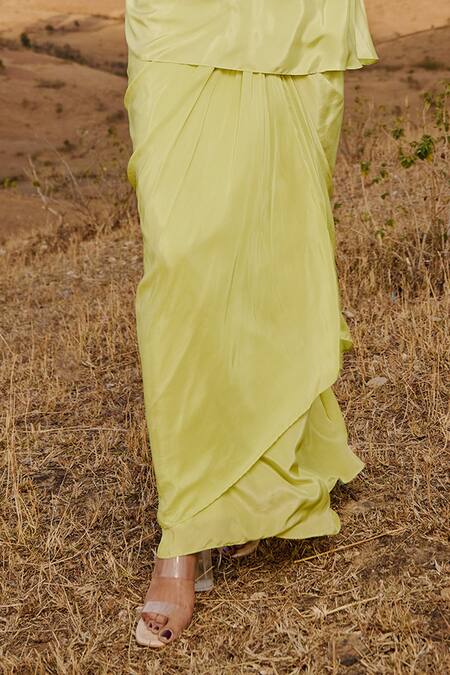 Islie By Priya Jain_Green Crepe Cut Work, Embroidery Split V-neck Floral Patchwork Top And Skirt Set _Online_at_Aza_Fashions