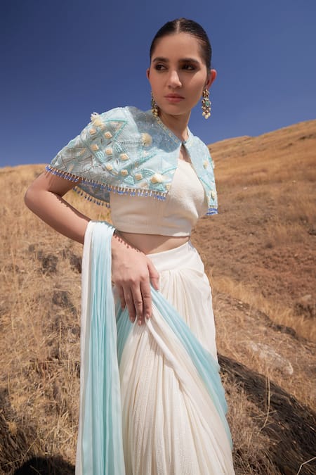 Islie By Priya Jain_Cream Satin, Georgette, Organza Pleated Pre-draped Saree Set With Cape _Online_at_Aza_Fashions