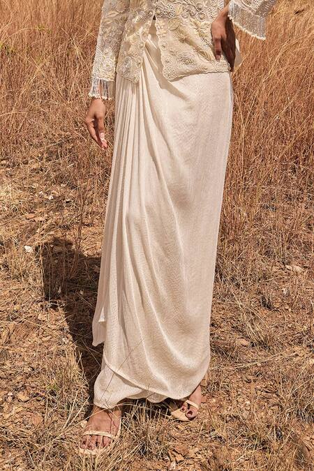 Islie By Priya Jain_Cream Organza, Silk Sequins, Beads, Embroidery Plunge Floral Jacket Skirt Set _Online_at_Aza_Fashions