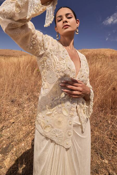Buy_Islie By Priya Jain_Cream Organza, Silk Sequins, Beads, Embroidery Plunge Floral Jacket Skirt Set _Online_at_Aza_Fashions