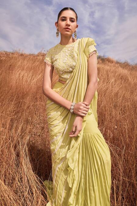Islie By Priya Jain_Green Kota Doria, Crepe Embroidery, Beads Pre-draped Sharara Saree With Blouse _Online_at_Aza_Fashions