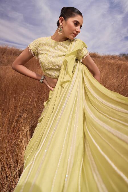 Buy_Islie By Priya Jain_Green Kota Doria, Crepe Embroidery, Beads Pre-draped Sharara Saree With Blouse _Online_at_Aza_Fashions