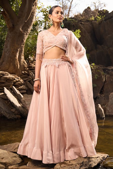 ISLIE BY PRIYA JAIN Pink Organza Embroidery Thread V Neck Floral Waistband Lehenga Set 