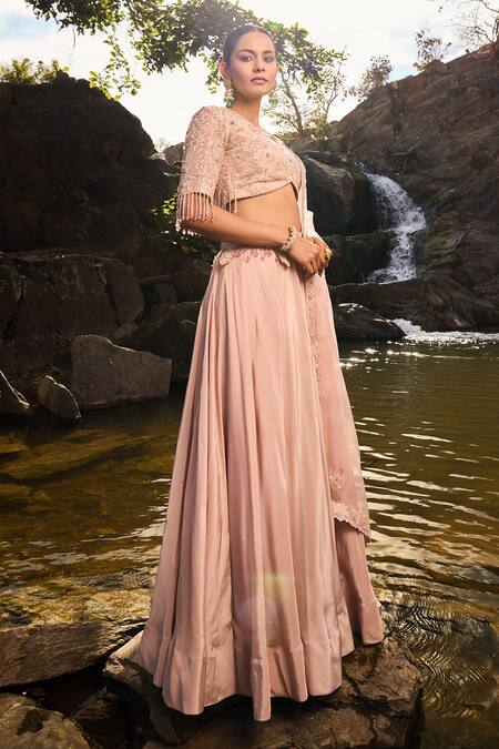 Islie By Priya Jain_Pink Organza, Crepe Cut Work, Sequins, Floral Waistband Embroidered Lehenga Set _Online_at_Aza_Fashions