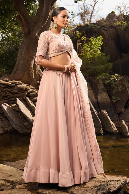 Islie By Priya Jain_Pink Organza, Crepe Cut Work, Sequins, Floral Waistband Embroidered Lehenga Set _at_Aza_Fashions