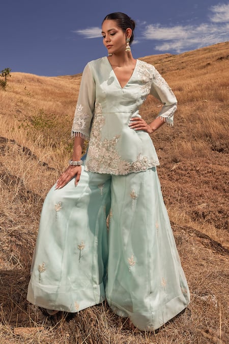 Islie By Priya Jain Floral Embroidered Peplum Kurta & Sharara Set 