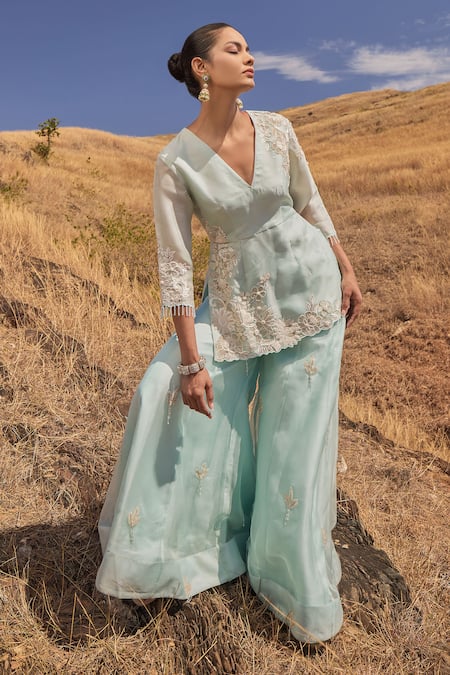 Islie By Priya Jain_Blue Organza, Satin, Georgette Floral Embroidered Peplum Kurta And Sharara Set _Online_at_Aza_Fashions