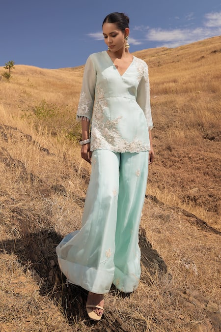 Buy_Islie By Priya Jain_Blue Organza, Satin, Georgette Floral Embroidered Peplum Kurta And Sharara Set _Online_at_Aza_Fashions