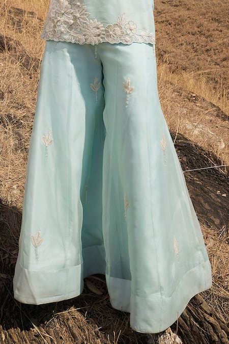 Shop_Islie By Priya Jain_Blue Organza, Satin, Georgette Floral Embroidered Peplum Kurta And Sharara Set _Online_at_Aza_Fashions