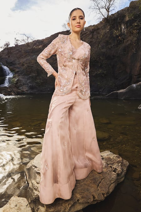 ISLIE BY PRIYA JAIN Pink Organza Embroidery Thread Open Floral Jacket Sharara Set 