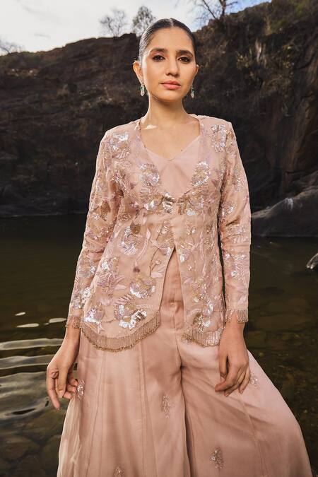 Islie By Priya Jain_Pink Organza Sequins, Beads, Cut Work Open Floral Embroidered Jacket Sharara Set _Online_at_Aza_Fashions