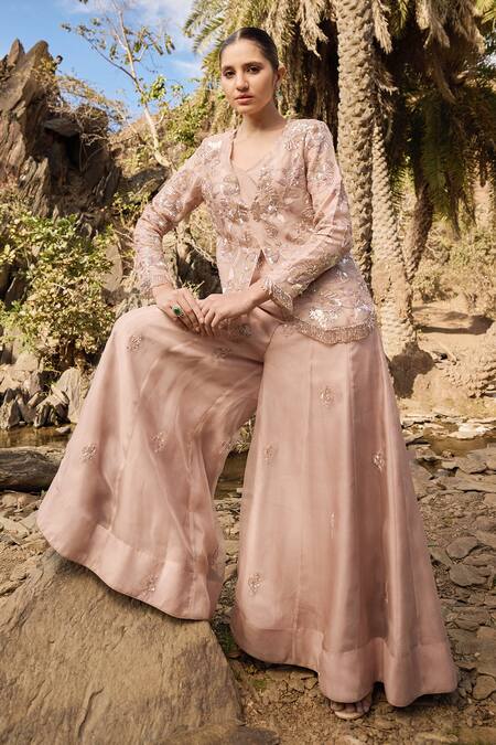 Buy_Islie By Priya Jain_Pink Organza Sequins, Beads, Cut Work Open Floral Embroidered Jacket Sharara Set _Online_at_Aza_Fashions