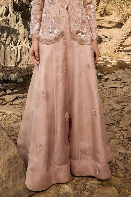Shop_Islie By Priya Jain_Pink Organza Sequins, Beads, Cut Work Open Floral Embroidered Jacket Sharara Set _Online_at_Aza_Fashions
